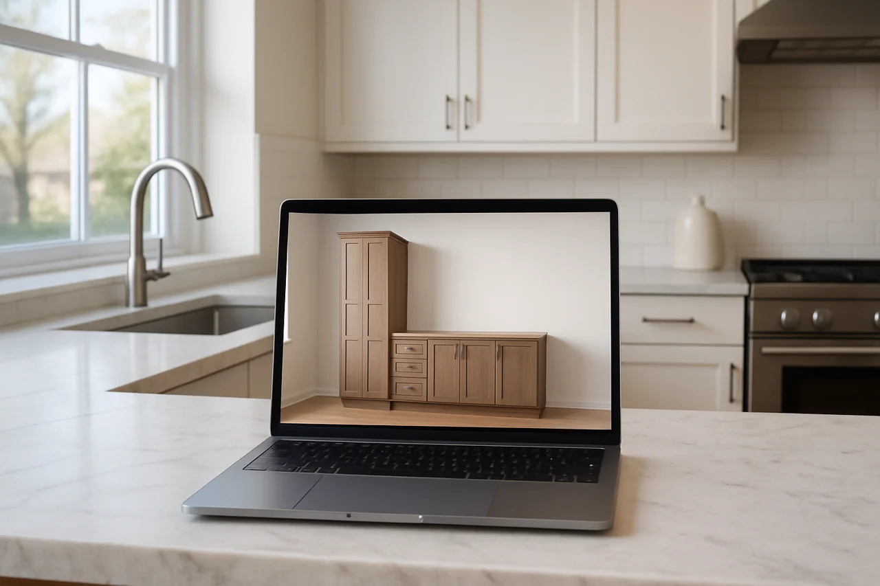 Cabinet door samples, finish swatches, and kitchen design plans