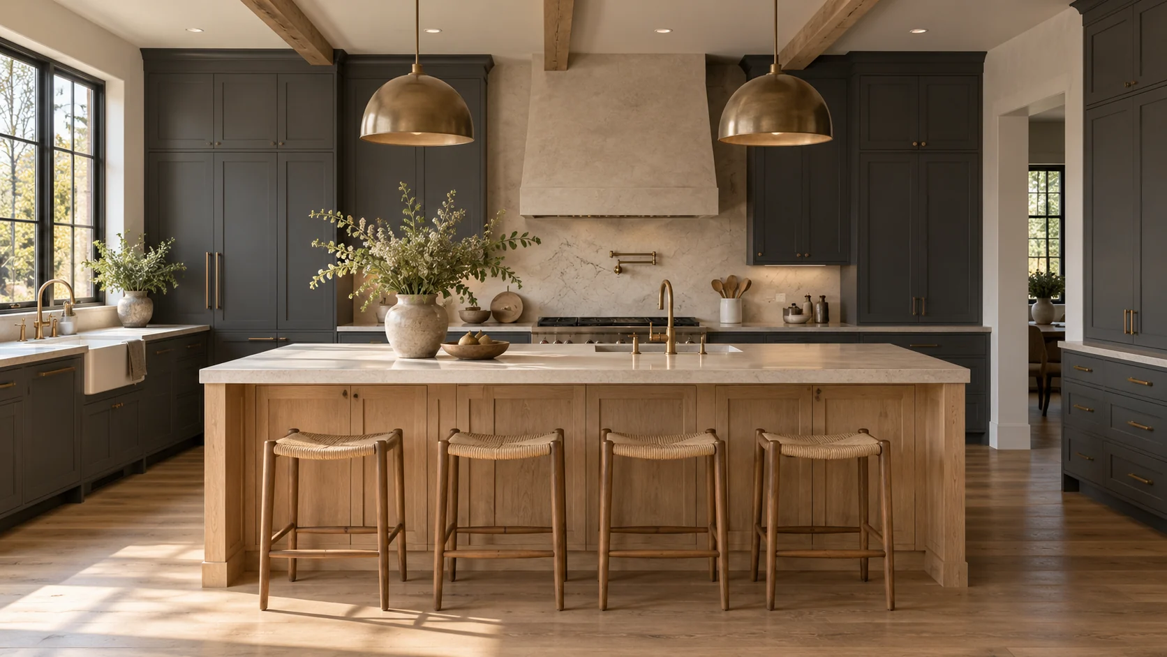 Kitchen combining charcoal cabinetry, a white oak island, and ivory stone