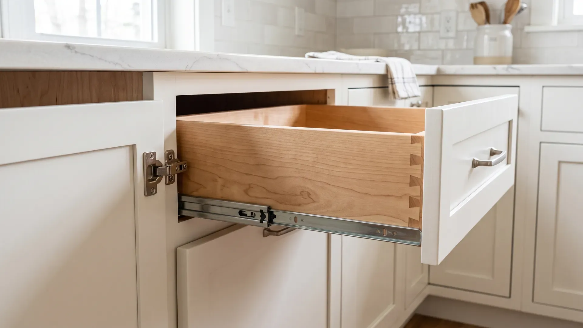 Close-up of high-quality cabinet construction in a real completed kitchen: a natural maple dovetailed solid-wood drawer box on soft-close undermount glides