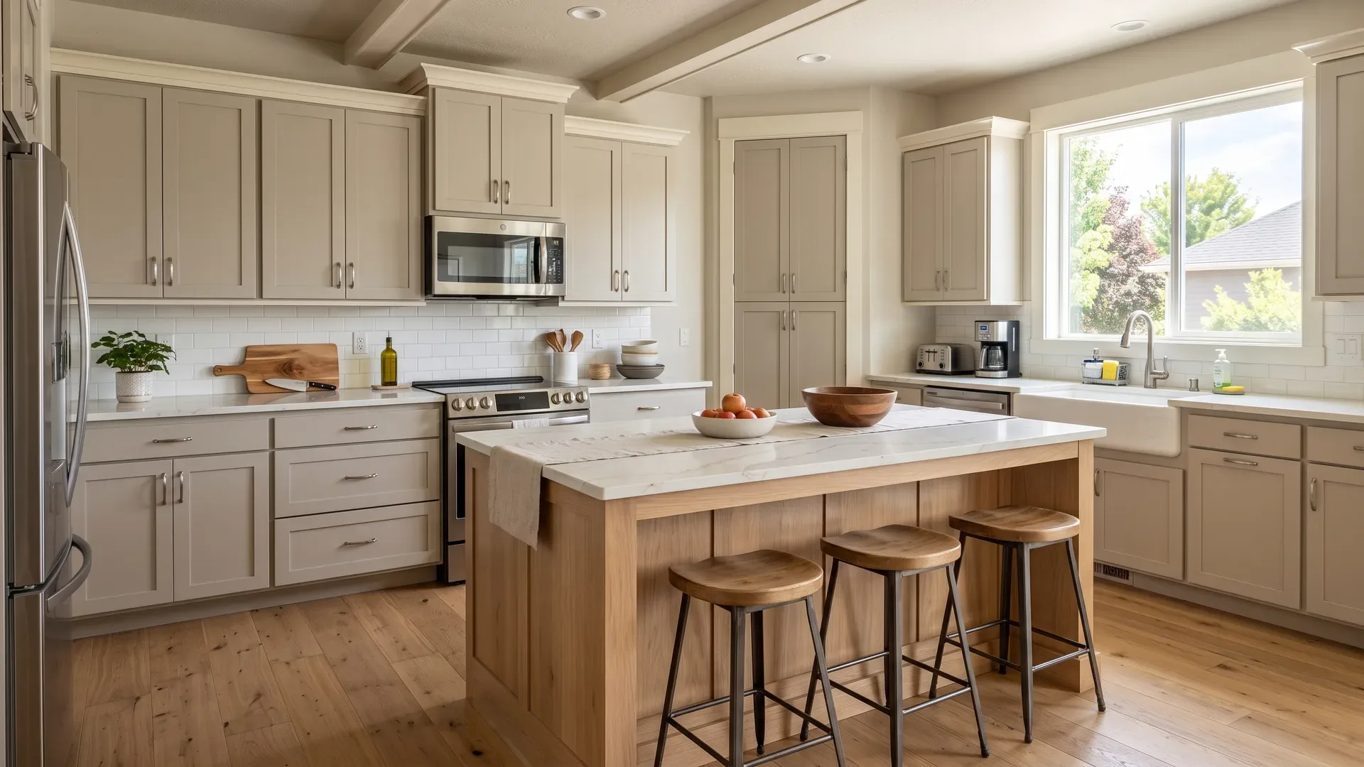 Real completed transitional Treasure Valley kitchen with classic Shaker cabinet doors in warm greige and cream paint and a natural stained wood island