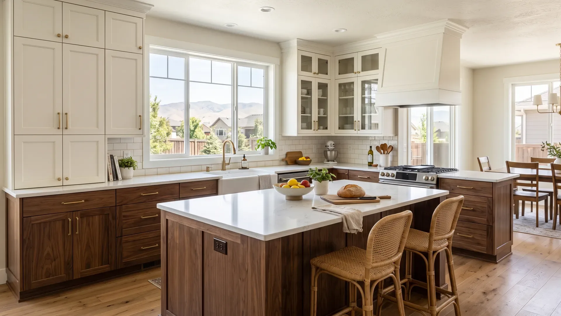 Real completed two-tone Treasure Valley kitchen with creamy white upper cabinets and a rich stained walnut lower run and island showing cabinet finishes and colors
