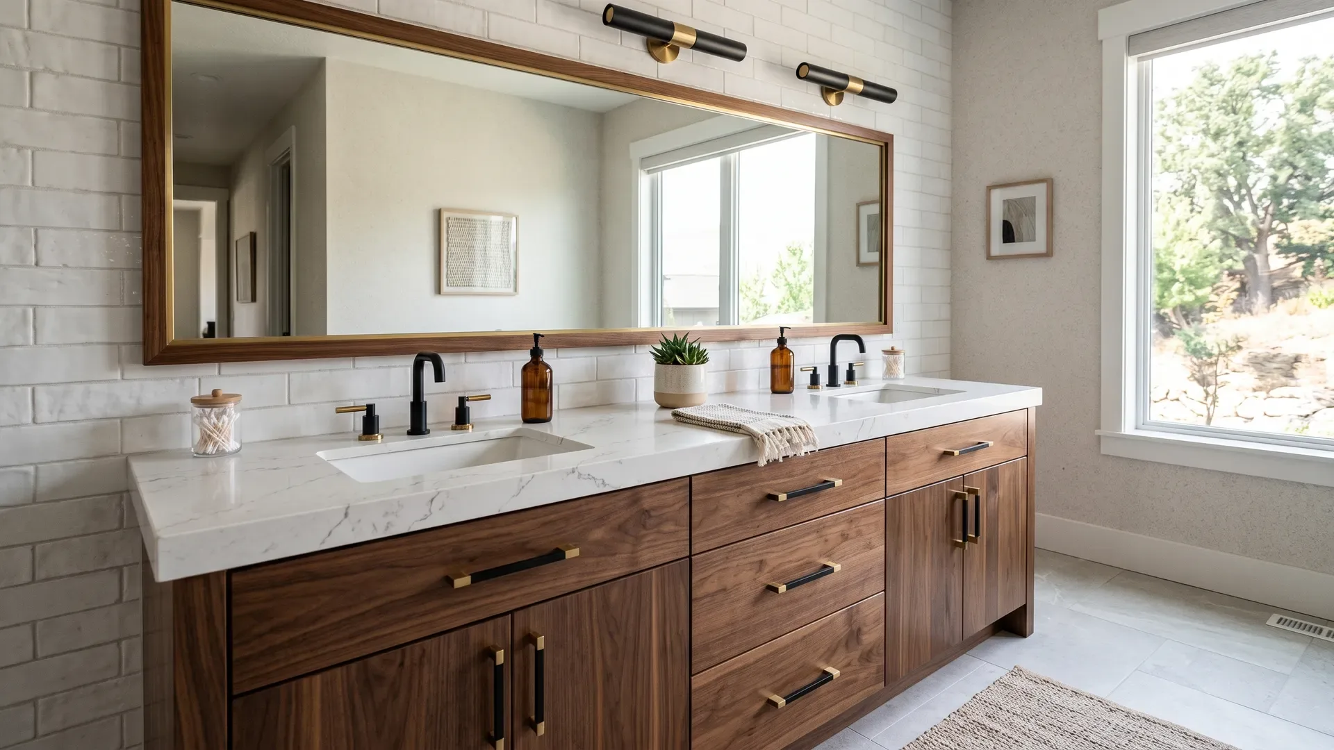 Real completed luxury bathroom vanity in a Treasure Valley home with a walnut double vanity, statement matte-black and brass hardware, and a marble-look quartz top