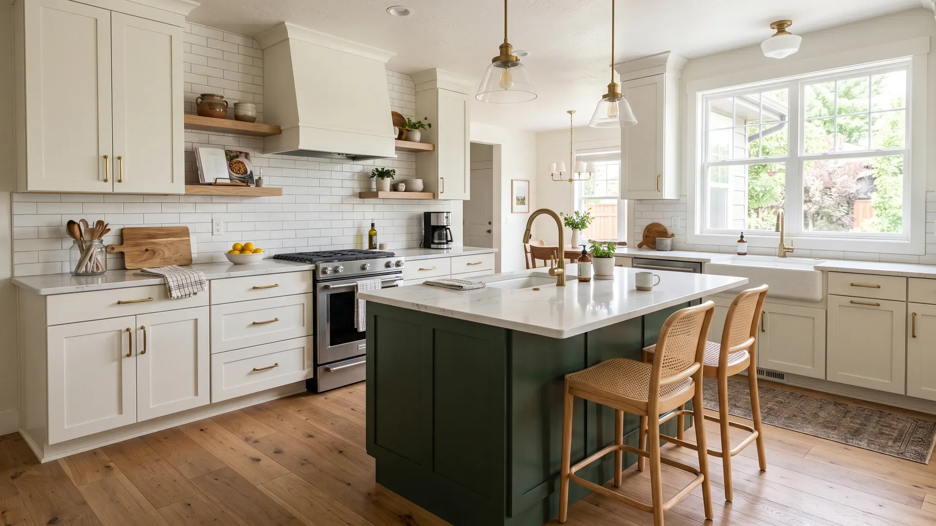 Real completed Treasure Valley kitchen with warm white painted perimeter cabinets and a deep forest-green island, showing a refreshed cabinet update