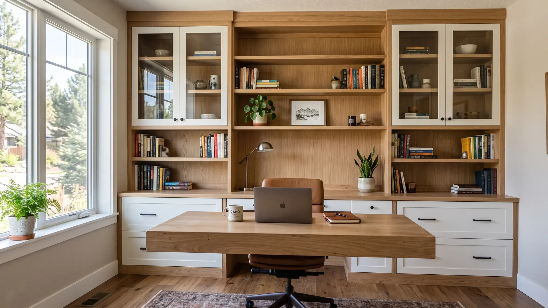 Real completed custom home office built-in in a Treasure Valley home with a full wall of white oak and warm white cabinetry, a floating desk, and styled open shelving