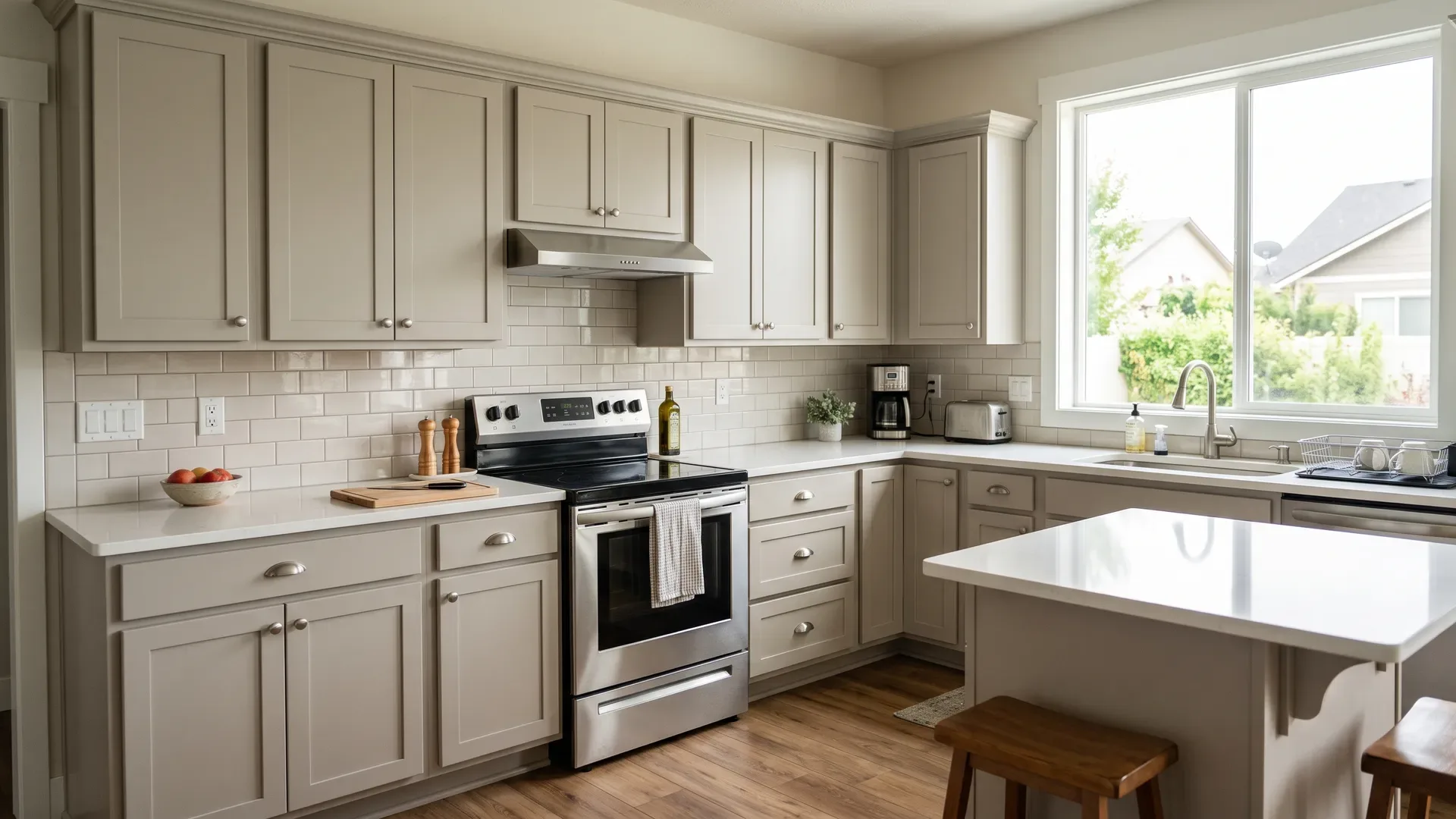 Real completed bright Treasure Valley kitchen with soft greige Shaker cabinets showing standard-depth base and upper cabinets along a wall with white quartz counters