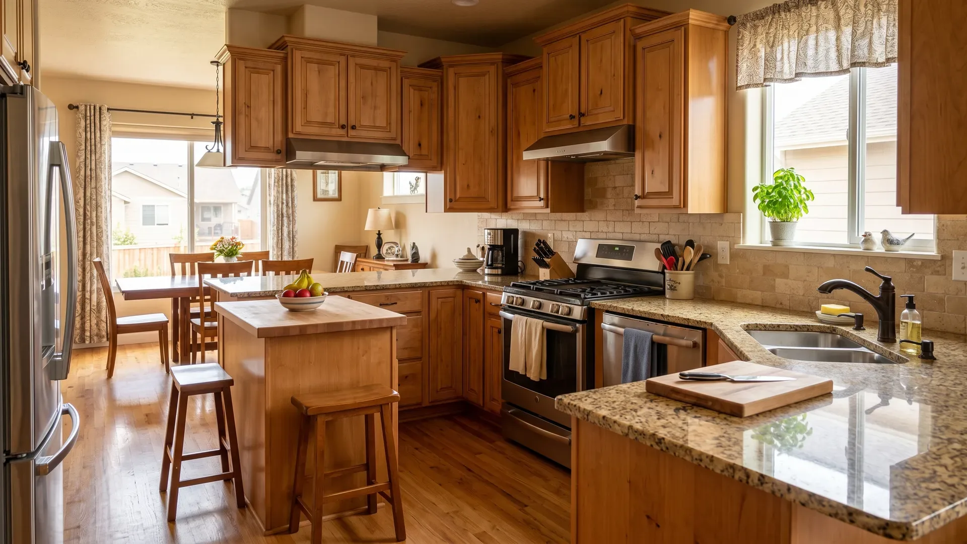 Real completed warm traditional Treasure Valley kitchen with clean, well-kept honey-stained maple raised-panel cabinets, granite counters, and a tile backsplash
