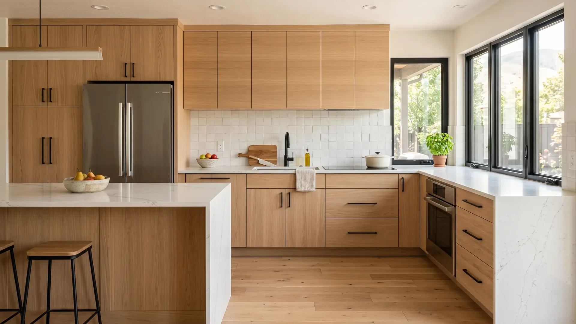 Real completed modern Treasure Valley kitchen with light natural white oak flat-panel cabinets, long matte-black bar pulls, and a white quartz waterfall counter