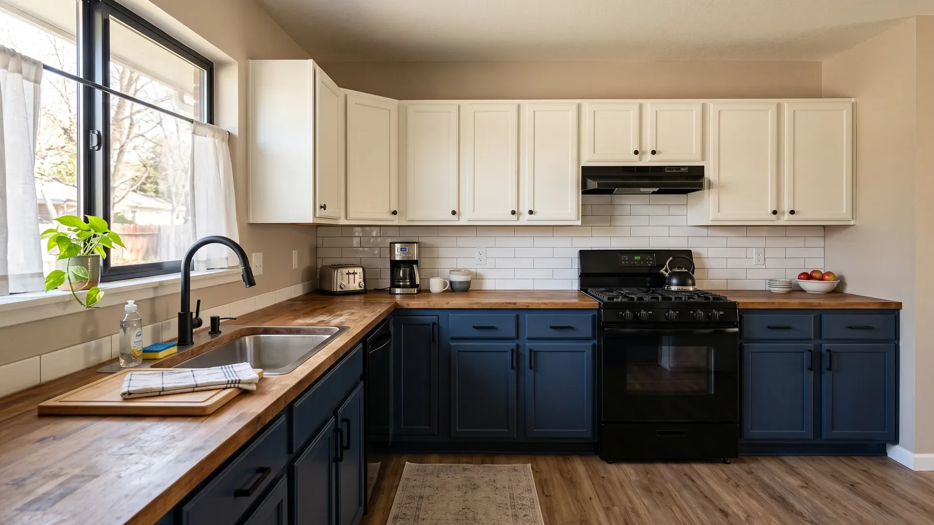 Real completed freshly painted two-tone Treasure Valley kitchen with deep navy lower cabinets and warm white uppers, matte black hardware, and a smooth painted finish