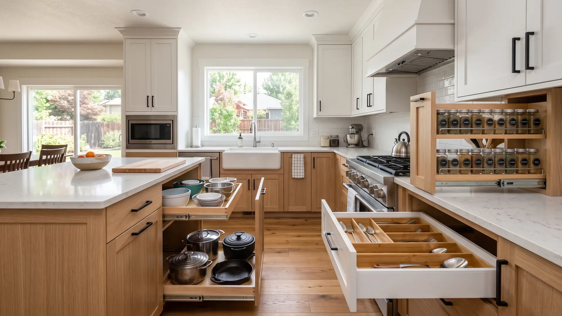Real completed Treasure Valley kitchen with base-cabinet drawers and pull-outs open showing organized interior storage in light white oak and white cabinets