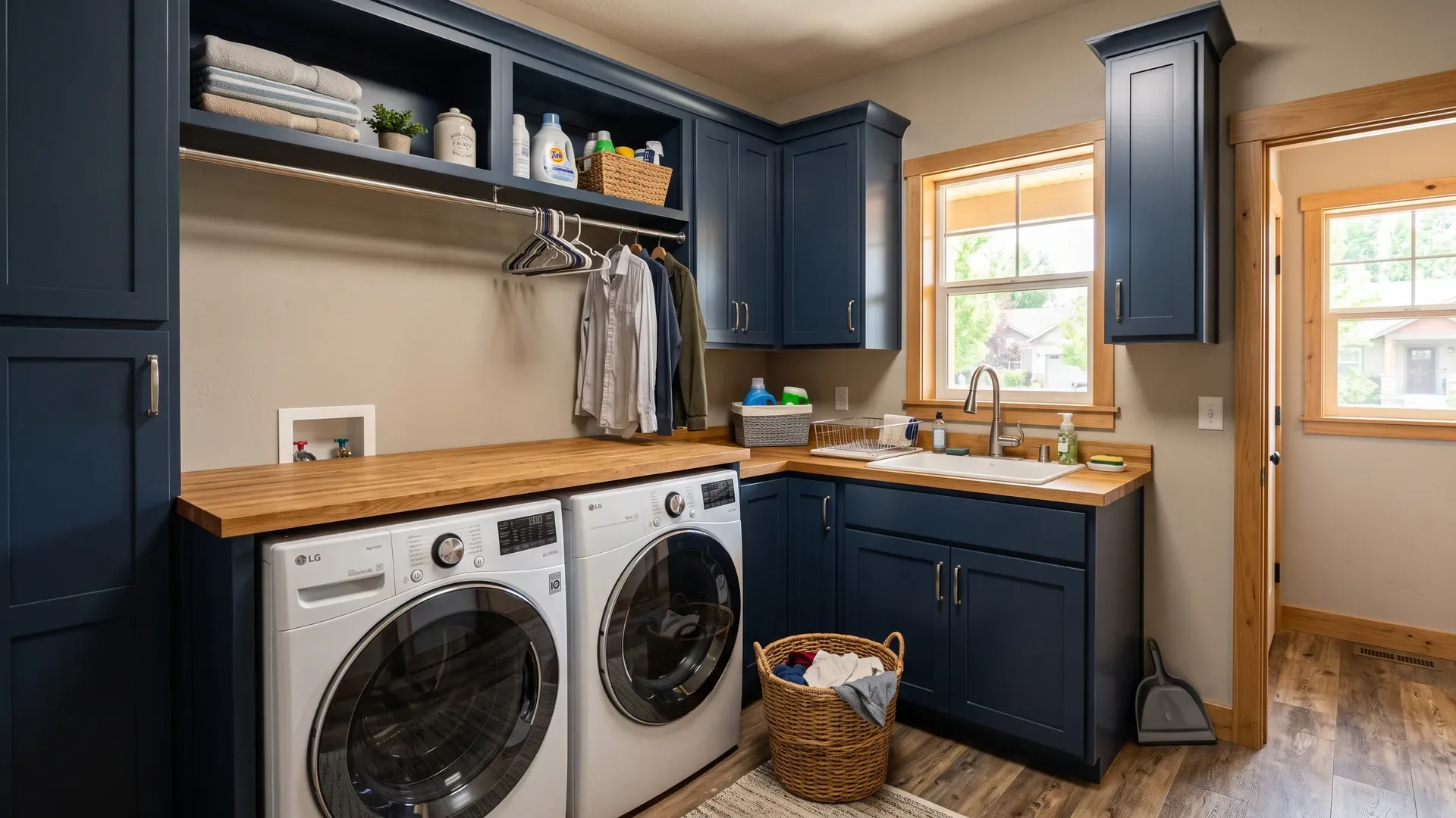 Real completed Treasure Valley laundry room with deep navy-blue Shaker cabinets, a folding counter over front-load machines, open uppers, a utility sink, and a hanging rod