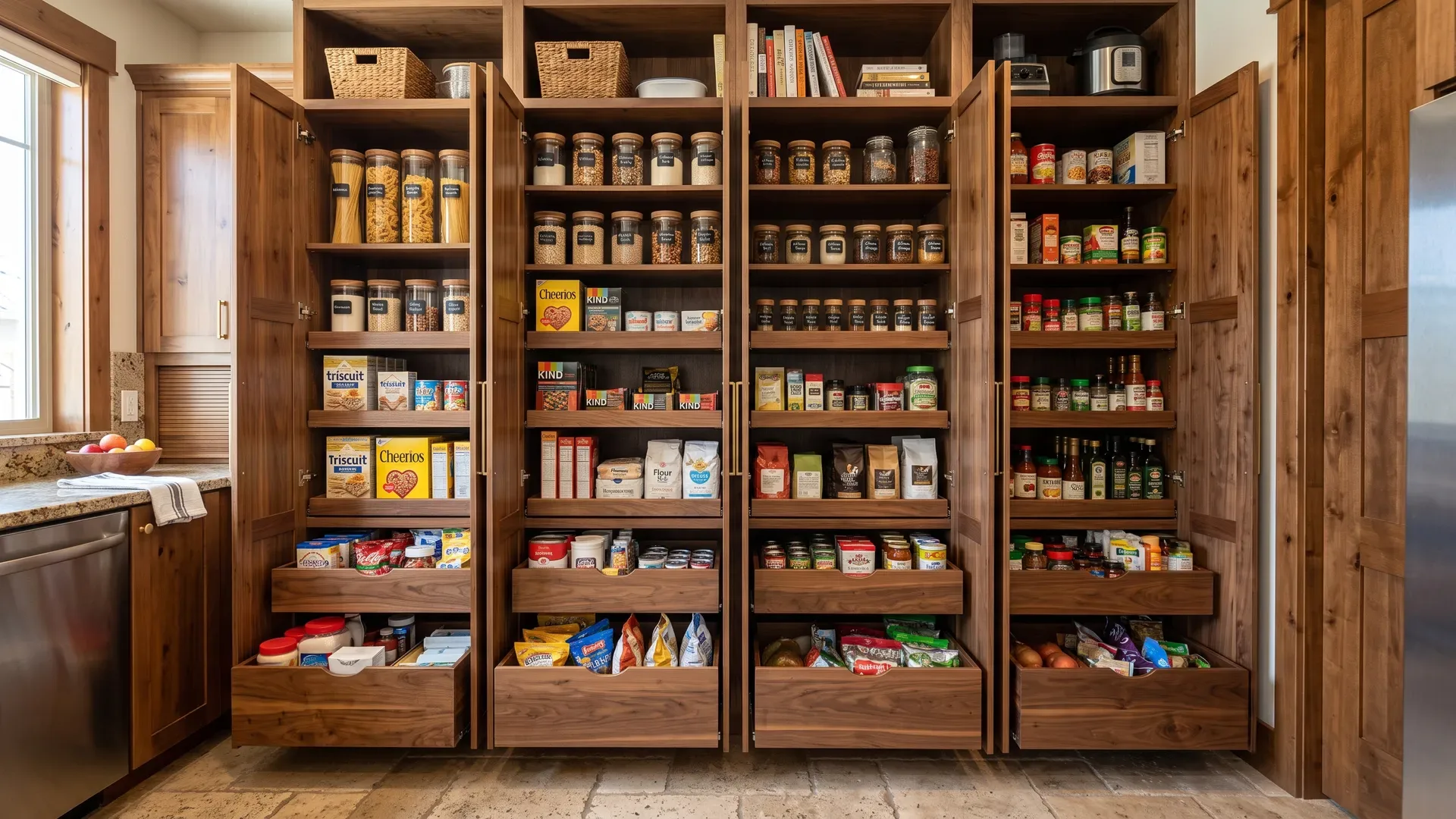 Real completed floor-to-ceiling walnut pantry cabinet in a Treasure Valley home with roll-out shelves and adjustable shelving stocked with everyday groceries