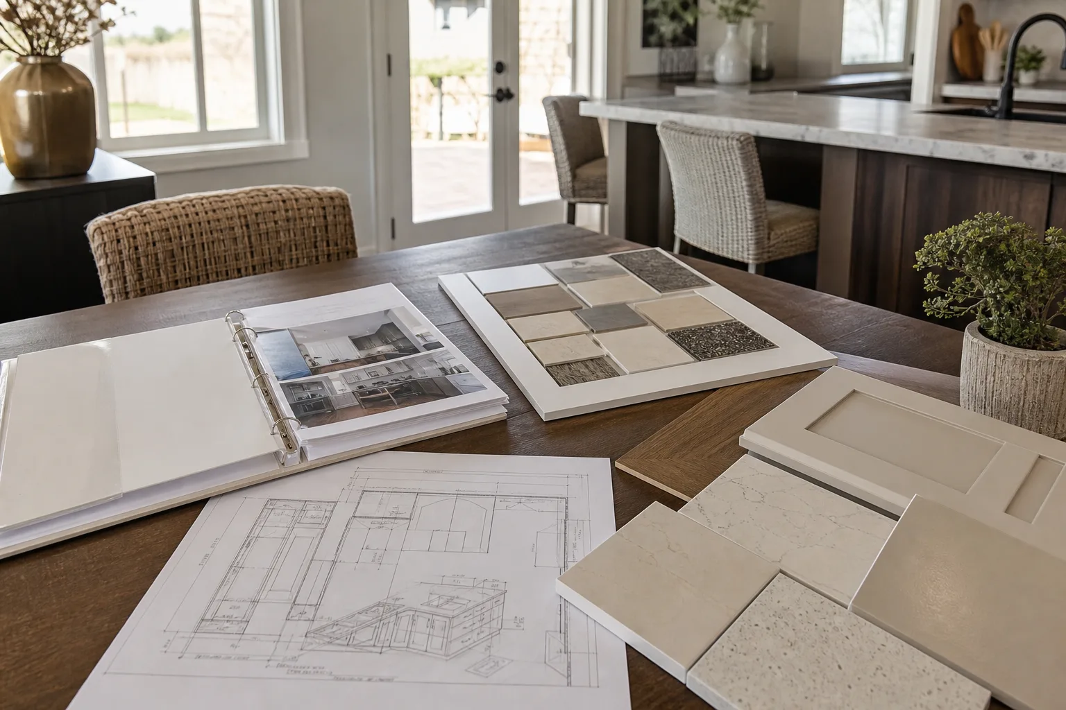 Homeowner meeting with a cabinet company reviewing scope and line-item quote in Boise