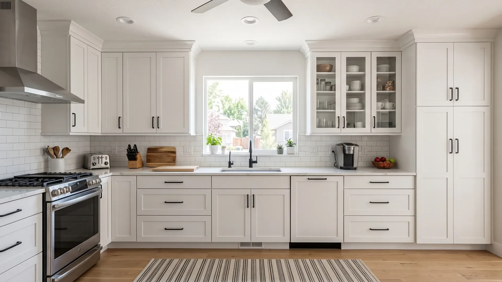 Real completed white Shaker kitchen in a Treasure Valley family home showing a full wall of base cabinets, upper cabinets, and a tall pantry