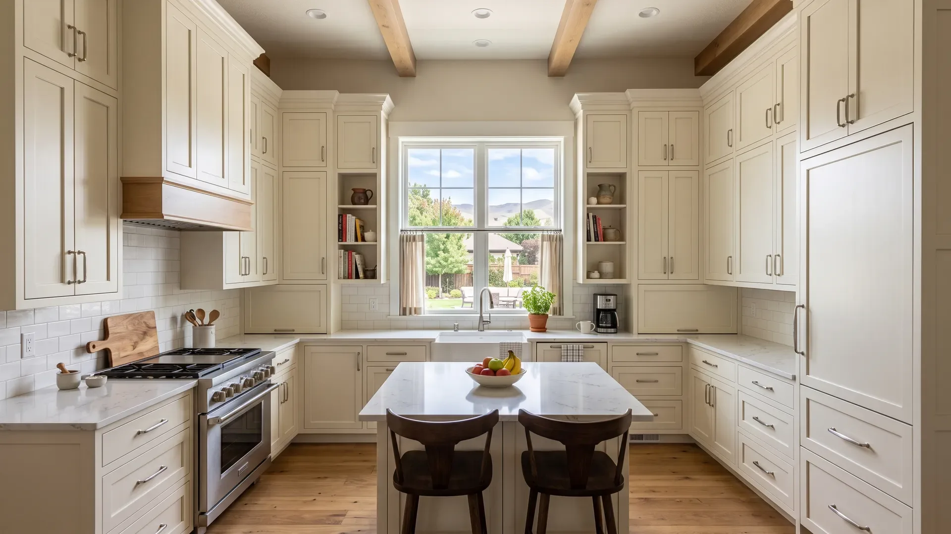 Real completed custom Treasure Valley kitchen with floor-to-ceiling cream and off-white cabinets fitted precisely to a tall ceiling and around a window
