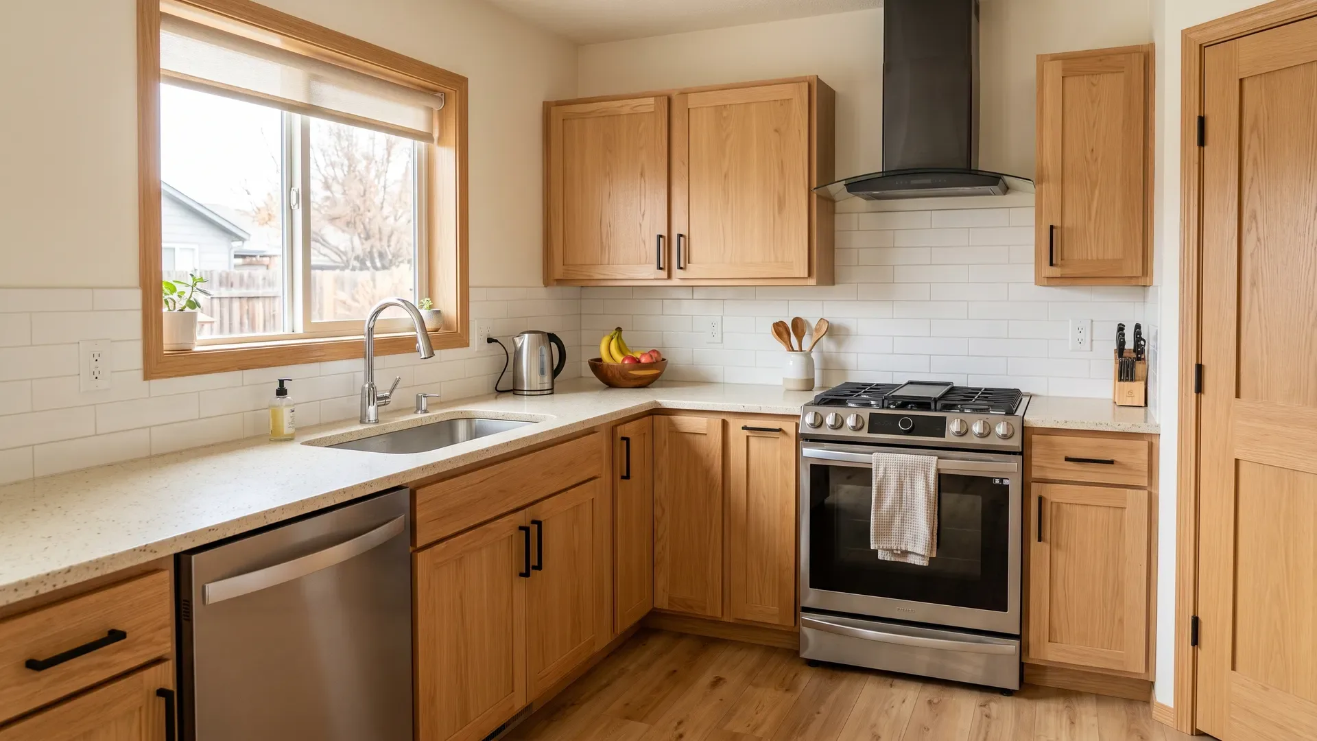 Real completed budget-friendly Treasure Valley kitchen with warm natural white oak flat-panel cabinets, black bar pulls, and quartz counters
