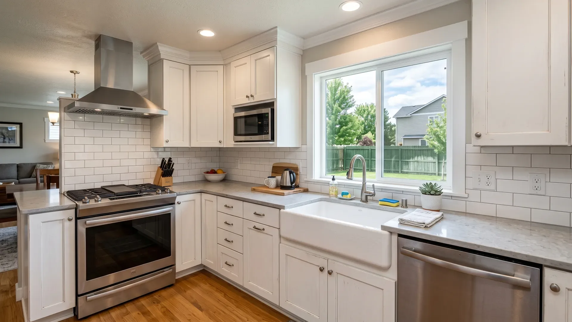 Real completed classic white Shaker kitchen in a Treasure Valley home with brushed-nickel hardware, subway tile, quartz counters, and a farmhouse sink