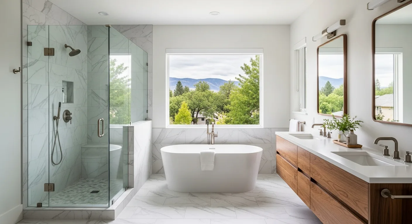 Bathroom vanity cabinets in a Boise home with modern tile and coordinated storage