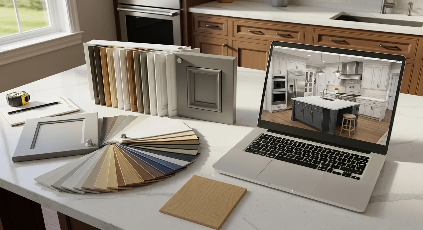 Custom cabinet door samples, finish swatches, and a kitchen layout rendering laid out during a Boise Cabinet Co design consultation