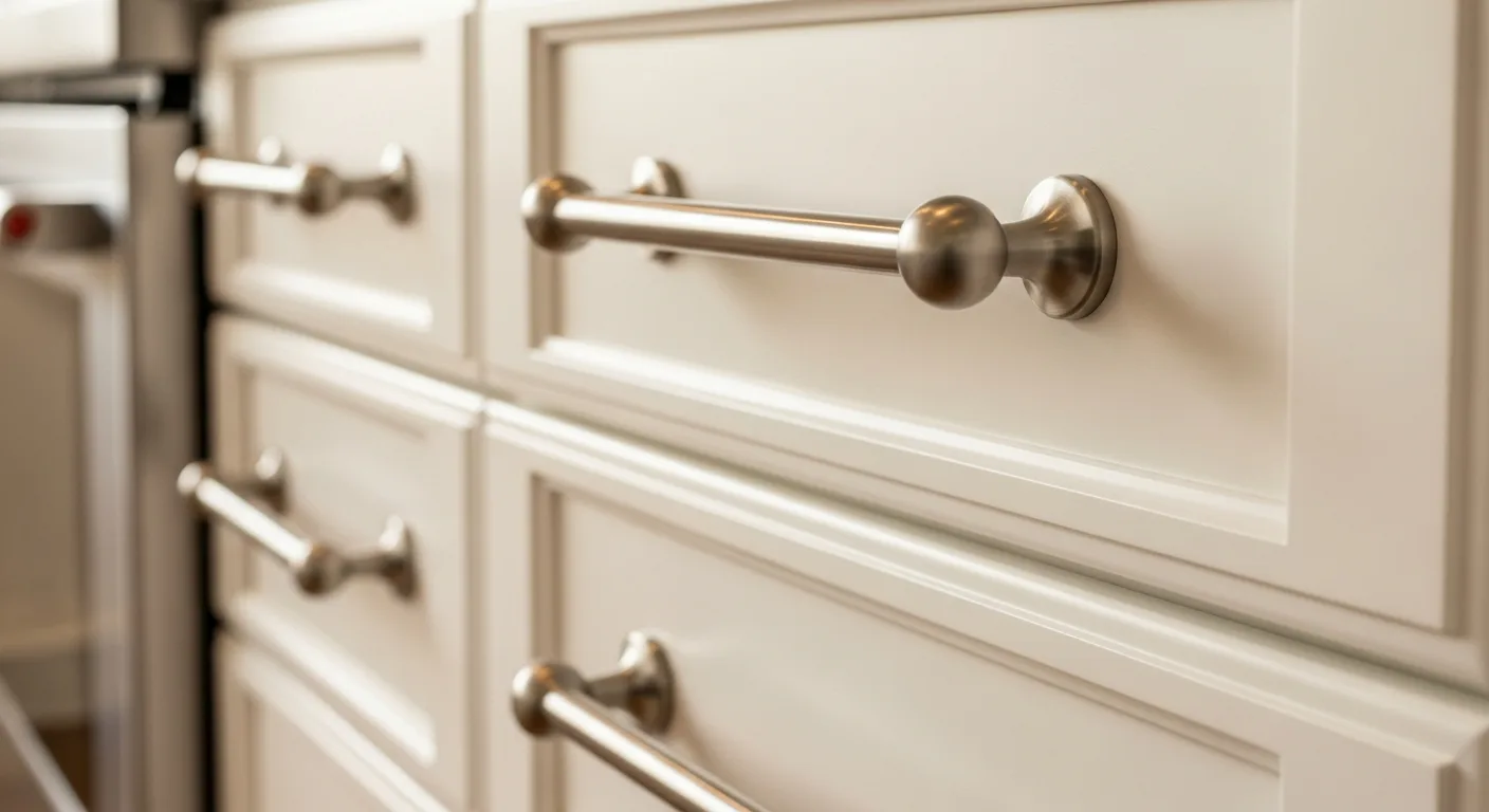 Close-up of satin nickel bar pulls on custom painted cabinet drawers built by Boise Cabinet Co