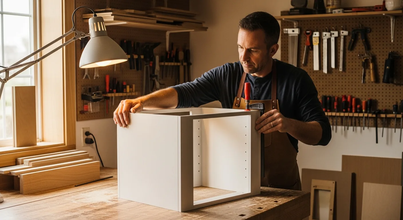 Boise Cabinet Co cabinetmaker assembling a frameless cabinet box in the Meridian Idaho shop